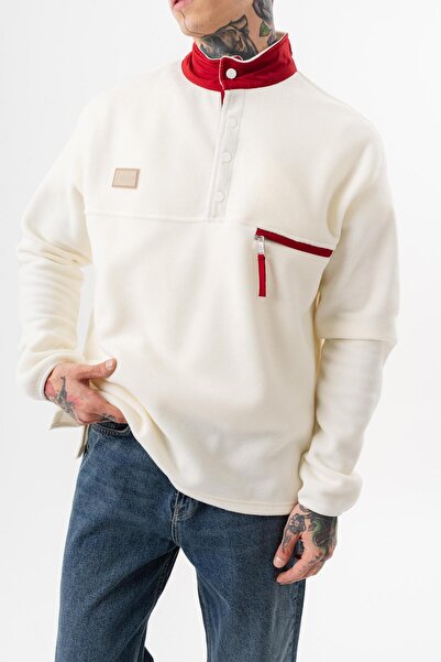 Respire Men's Half Zipper Oversized Fleece Jacket Ecru