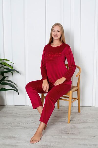 Asel Women's Red Color Stretch Fabric Velvet Pajamas Set