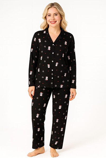 Pemilo Women's 0183 Front Buttoned Long Sleeve Suede Pajama Set Black