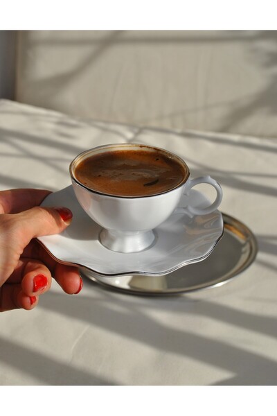 Qualitev 12 Parça Porselen Kahve Fincan Seti 90 ml Yaldızlı Türk Kahvesi Fincanı Takımı Lilyum