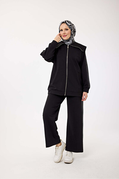 My City 6084 - Stylish Comfortable Cotton Wide Collar, Stone Detailed Pants Long Jacket Set