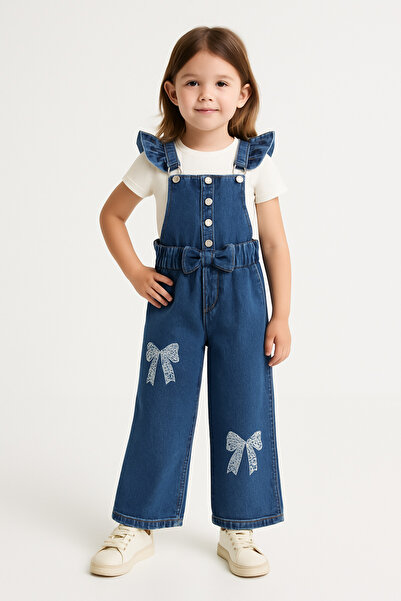 mini kanka Girl's Ruffled Jean Jumpsuit – Piped , High Waist, Ribbon Detail 5...