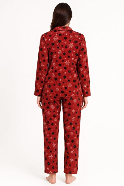 Pemilo Women's 02274 Long Sleeve Buttoned Front Suede Pajama Set Red