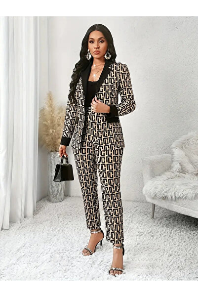 Valeria Butik Fleece-Lined Diver Fabric Geometric Pattern Jacket & Pants & Blouse Set