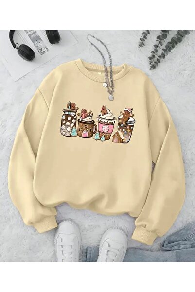 herkesemoda guler rotund Hanorac cu imprimeu cu detalii de cești de cafea