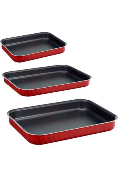 TEFAL 3-piece Small Rectangular Non-stick Oven Trays [37x27, 31x24, 29x22 cm] - Le Spécialiste, Red