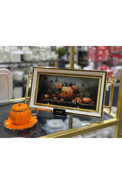 Ulus Home Decorative Tray with Pumpkin and Flower Pattern 18X30 cm – Tray with Gold Handles