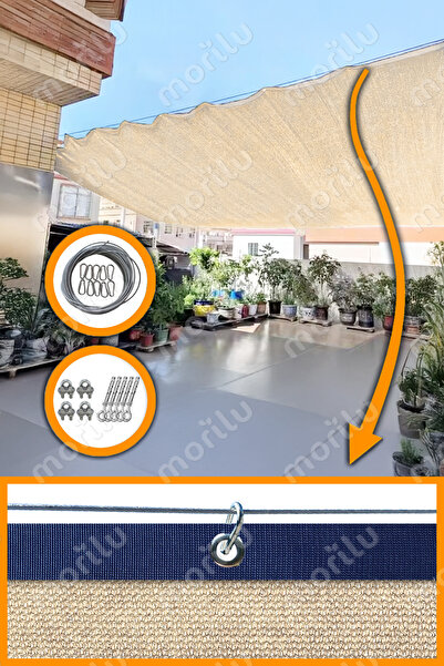 Morilu Açılır Kapanır Gölgelik - %95lik KREM File Perde - LACİVERT Şeritli Ha...
