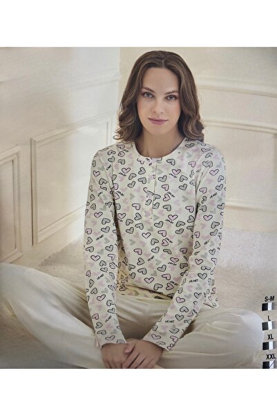 İpek Women's Long Sleeve 100% Cotton Heart Pattern Pajama Set