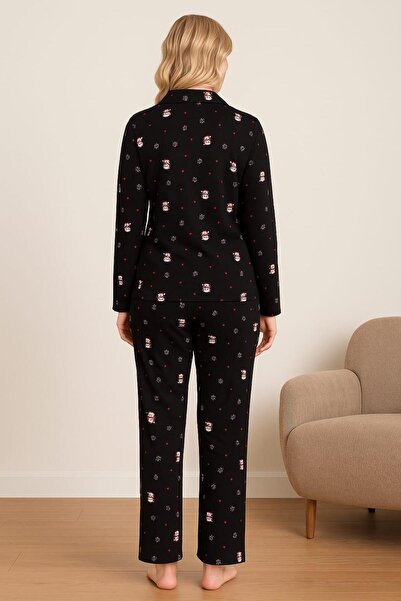 Pemilo Women's 0183 Front Buttoned Long Sleeve Suede Pajama Set Black