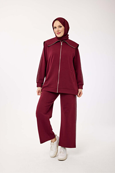 My City 6084 - Stylish Comfortable Cotton Wide Collar, Stone Detailed Pants Long Jacket Set