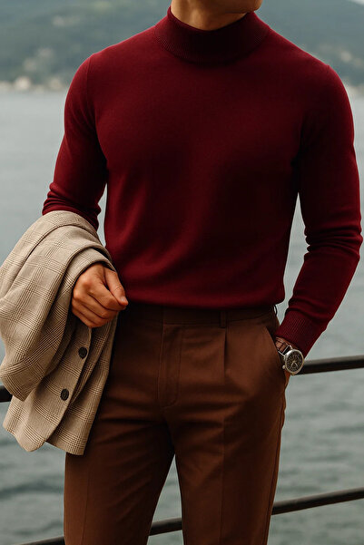 COMBİNE MİCHAİL Men's High Neck Casual Burgundy Knit Sweater