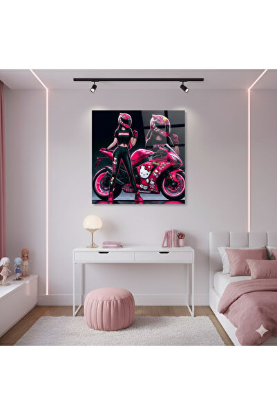 BLT DİZAYN Pembe Hello Kitty Motorcu İllüstrasyon – Modern Odalar İçin Cam Tablo