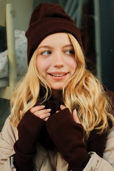 CHUBA Women's Knitwear Scarf & Beanie & Gloves Three-Piece Set Brown 26W5006