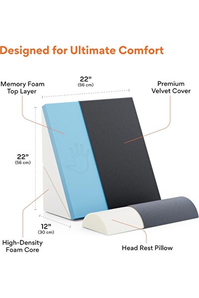 FOVERA Adjustable Wedge Pillow Memory Foam with Headrest (Dark Grey, 22x22x12 Inch)