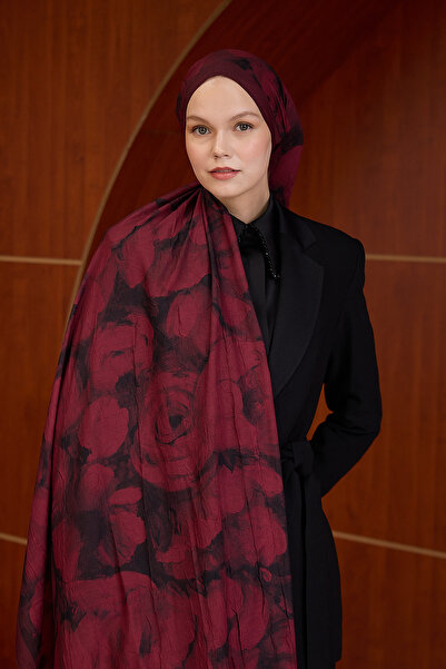Moda Mevsimi İpekhan Bordo Serisi Desenli Kraş Şal 7004