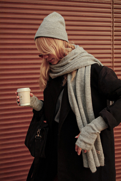 CHUBA Women's Knitwear Scarf & Beanie & Gloves Three-Piece Set Gray 26W5006