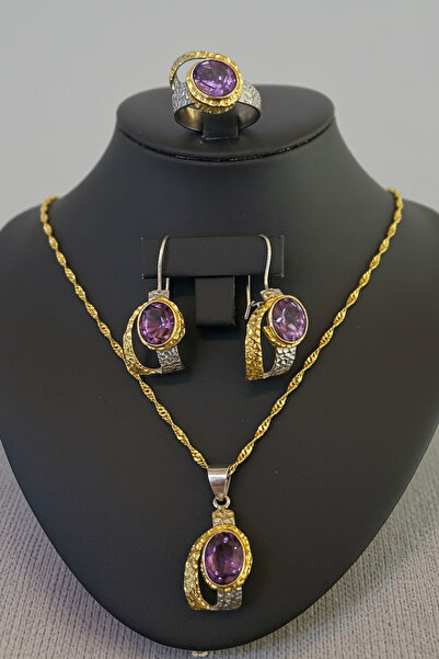 OSMANLI GÜMÜŞ Kadın Gümüş Kolye Yüzük Küpe Set - Doğal Ametist Taşlı Altın Ka...