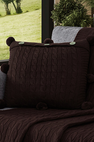 Sevim Tricotaj cu pompon din material subțire Husă de pernă - Față de pernă pătrată 40x40 cm - Maro