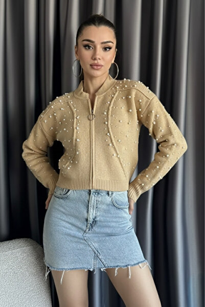 Mila Biscuit Pearl Zippered Knitwear Cardigan