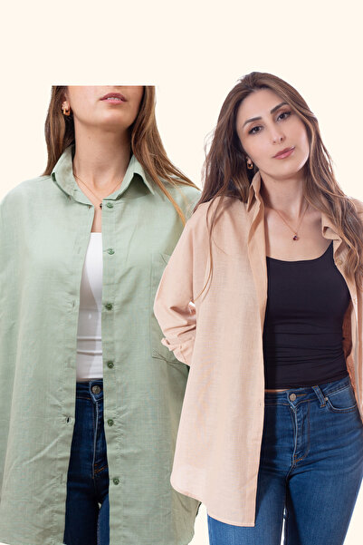 Justime Women's Oversized Cotton Linen Cream - Mint Green Shirt