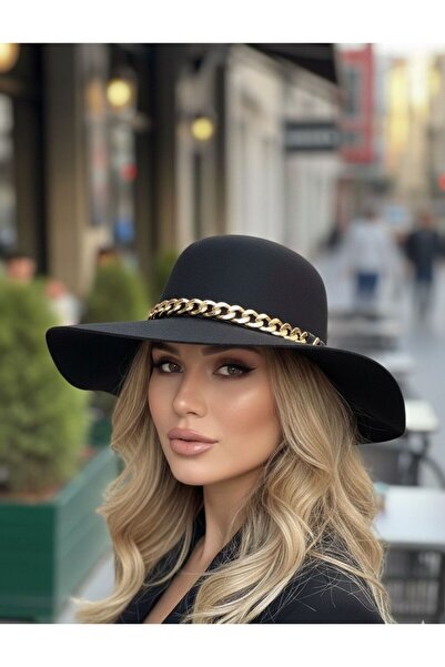 sf collection Floppy Felt Fedora Hat with Chain Accessory