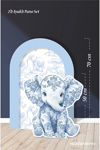 neşeli günlerim مجموعة من لوحتين بقاعدة على شكل فيل جالس باللون الأزرق السفاري / 70 سم - 50 سم