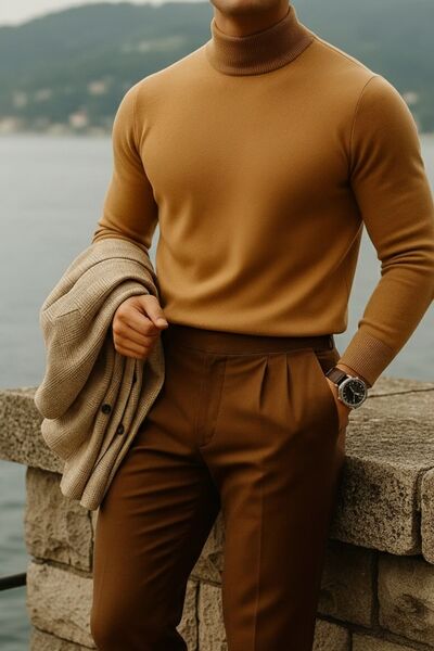 COMBİNE MİCHAİL Мъжки пуловер с обло деколте, плетен, в цвят кафе