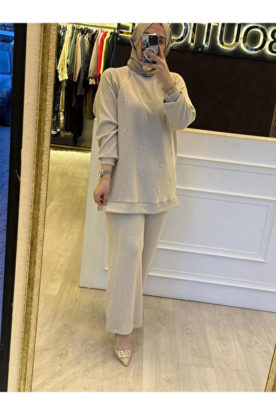 FUAT GÜRSEN Shiny Yarn Embroidered Sequin Detailed Comfortable Knitwear Tunic - Pants Set