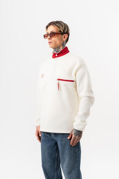 Respire Men's Half Zipper Oversized Fleece Jacket Ecru