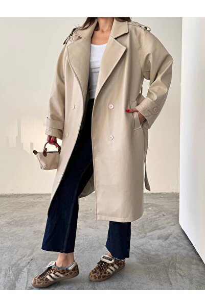 mydukkan.co Leather Trench Coat with Epaulet Detail