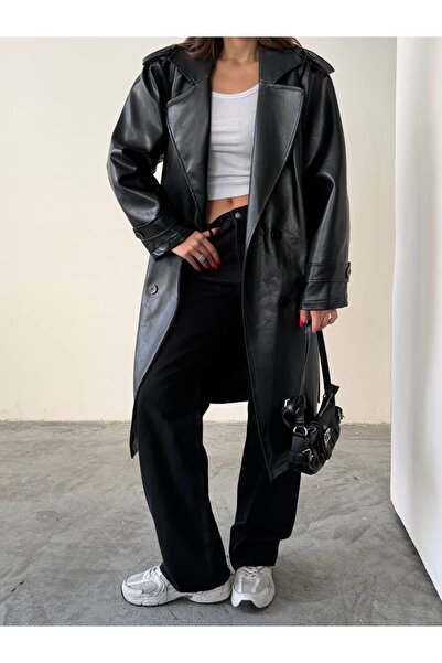 mydukkan.co Leather Trench Coat with Epaulet Detail