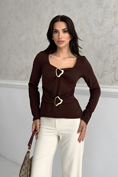 AKD Atelier Women Blouse Double Buckle Long Sleeve Square Neck Stylish Blouse