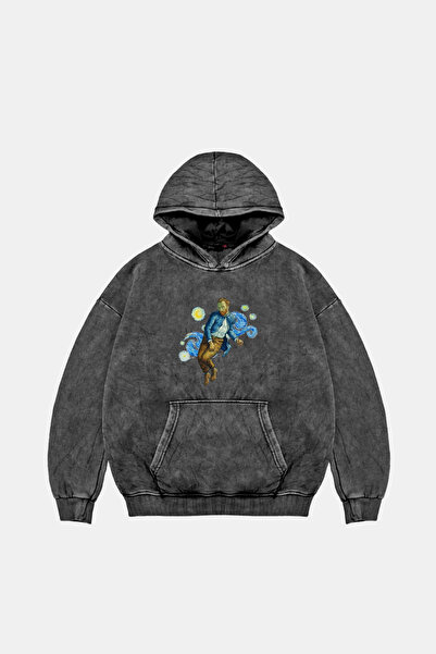 Sekizbiraltı Vincent's World Baskılı Oversize Unisex Yıkamalı Siyah Hoodie