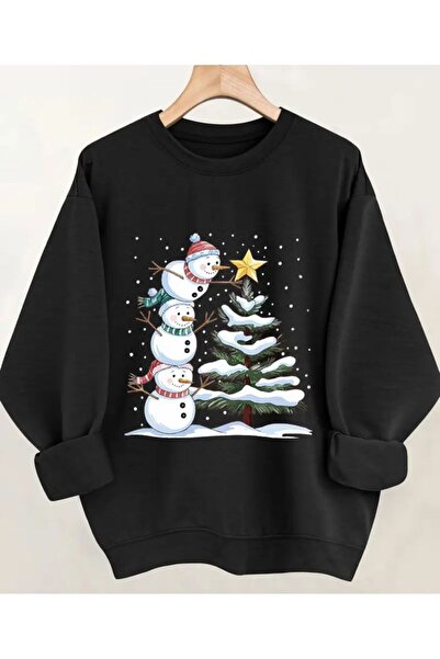 herkesemoda guler rotund Hanorac cu imprimeu cu detalii cu Omii de zăpadă