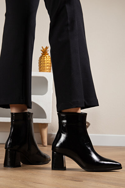 camaiore Black Patent Leather Women's Pointed Toe Heeled Boots