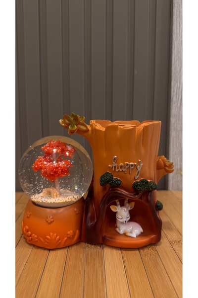 Snow Homs Dekoratif Işıklı Kar Küresi ve Geyik Figürlü Ağaç Kütüğü Kalemlik-H...