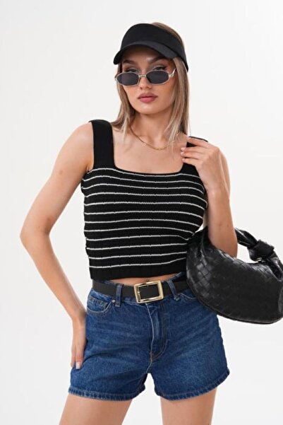 Zarif Women's Striped Patterned Square Neck Knitwear Tank Top