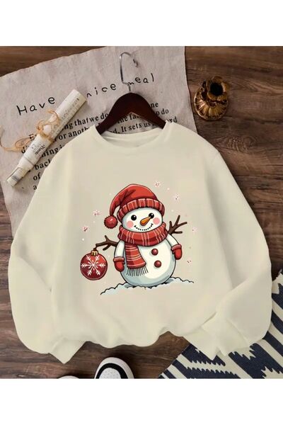 herkesemoda Cute Snowman Print Detailed Crew Neck Sweatshirt