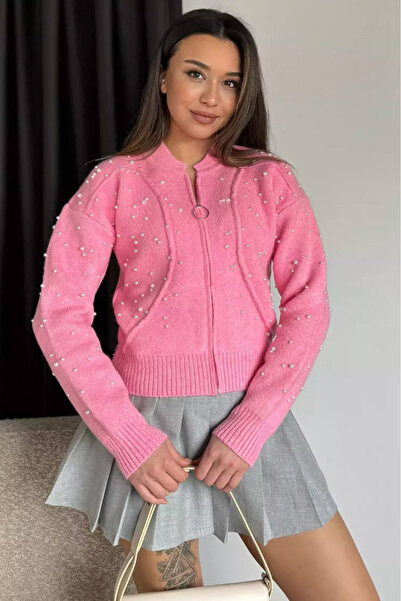 Mila Pink Pearl Zippered Knitwear Cardigan
