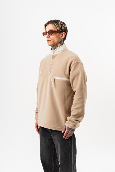 Respire Men's Half Zip Oversized Fleece Jacket Beige