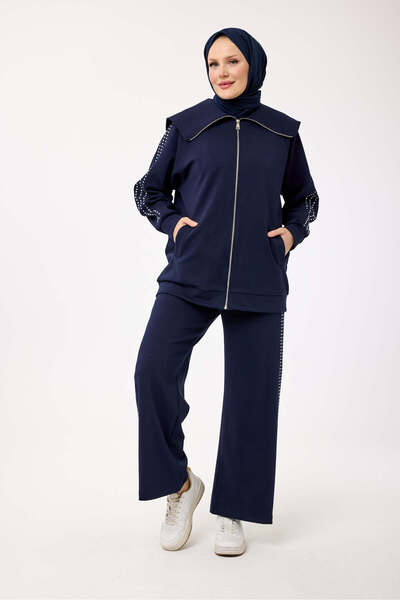 My City 6084 - Stylish Comfortable Cotton Wide Collar, Stone Detailed Pants Long Jacket Set
