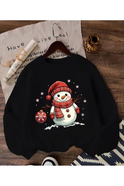 herkesemoda Sevimli Kardan Adam Baskı Detaylı Bisiklet Yaka Sweatshırt