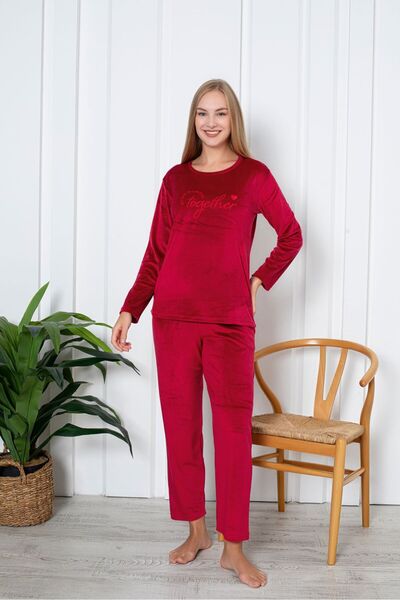 Asel Women's Red Color Stretch Fabric Velvet Pajamas Set