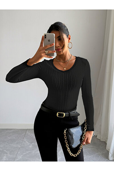 Take Two By Styli Women Black Ribbed Knit Long Sleeve Top