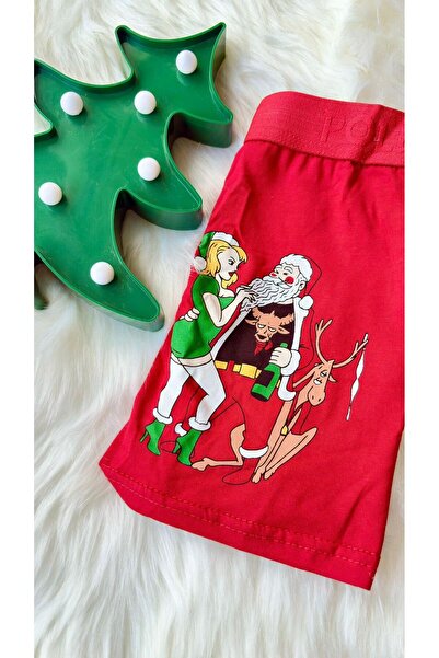 Sinem Çeyiz Poli 905 Red New Year Santa Claus Pine Tree Deer Patterned Boxer