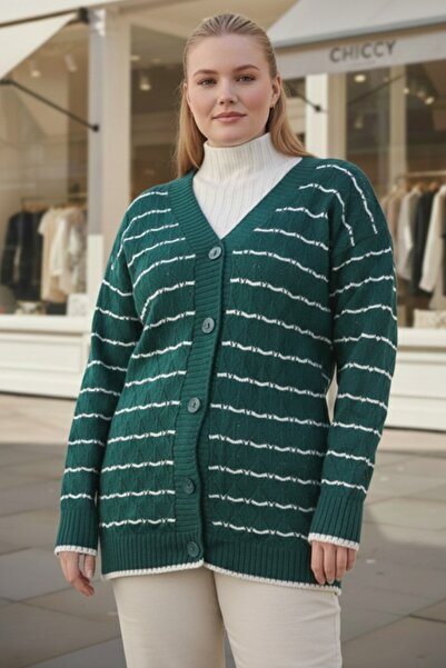 Chiccy Plus Size Green-White V-Neck Long Sleeve Striped Button Casual Openwork Knitwear Cardigan 80 62