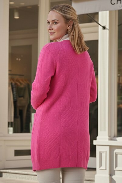 Chiccy Large Size Fuchsia Long Sleeve Patterned Casual Soft Oversized Knitwear Cardigan 90 77