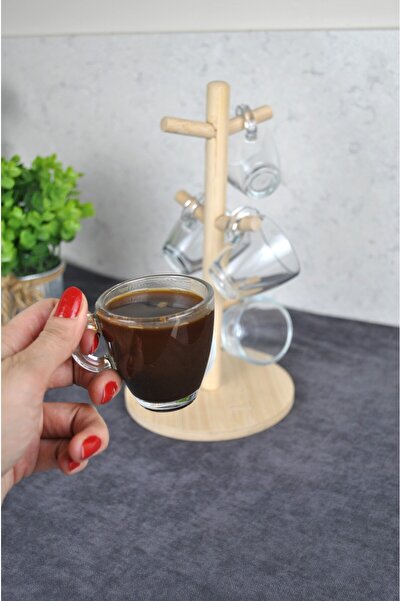 Qualitev 6-Person Mini Coffee Cup Set with Wooden Stand 75 ml Paşabahçe Espresso Cups