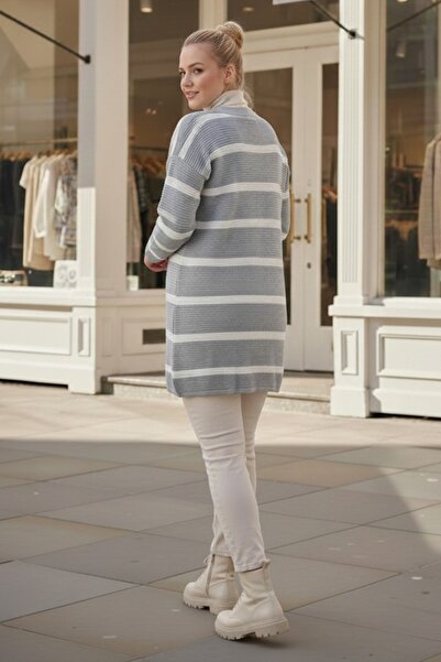 Chiccy Plus Size Grey-White V-Neck Long Sleeve Striped Button Casual Knitwear Cardigan 90 65